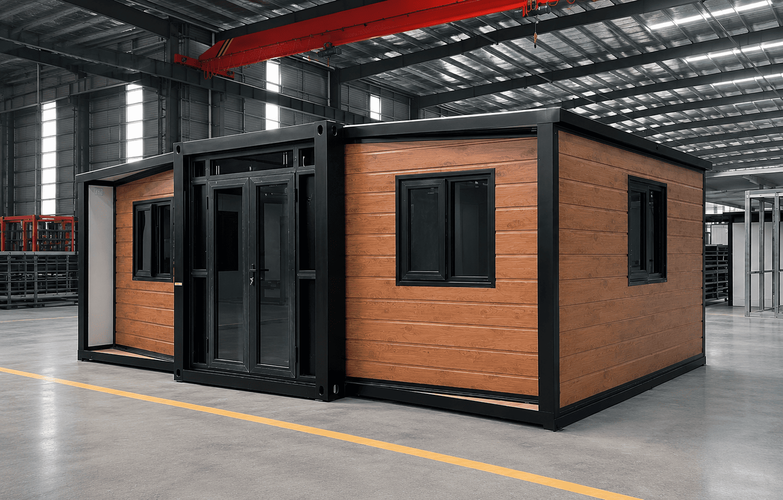 Casa Box 15ft Expandable Container House | Black Frame Wood Grain Prefab
