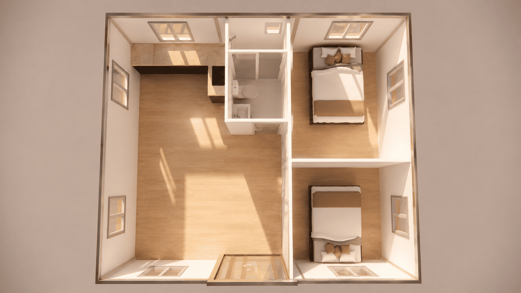 20ft x 20ft Flat Roof Version 2 Bedrooms
1 Bathroom
1 Kitchen