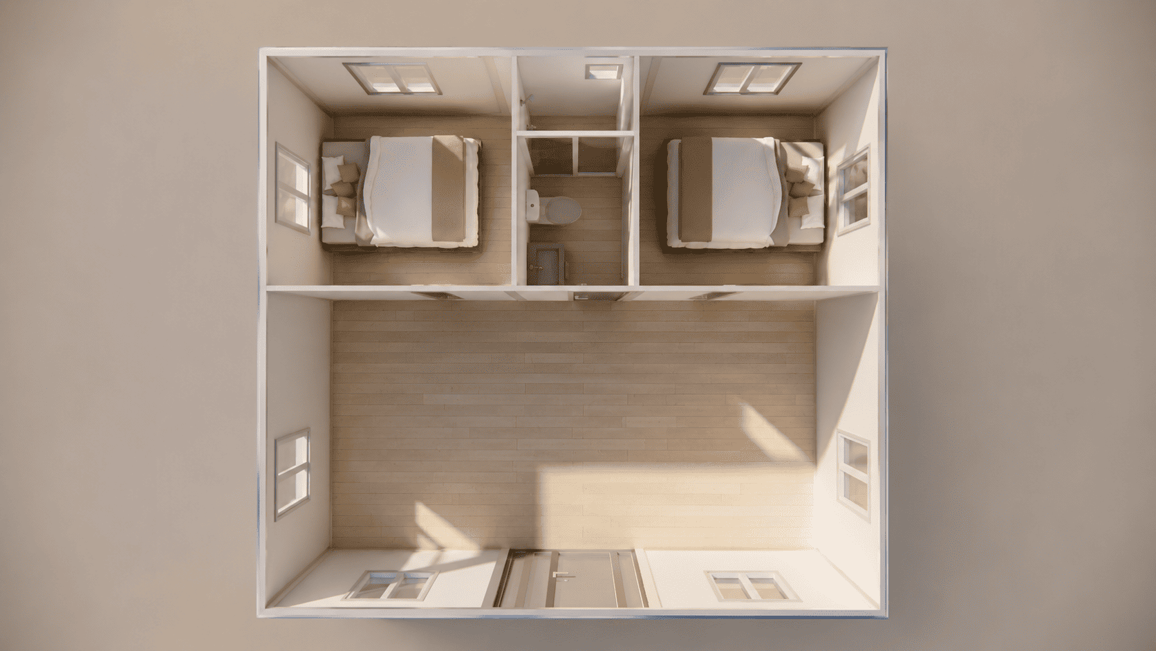 20ft x 20ft Flat Roof Version 2 Bedrooms
1 Bathroom
1 Kitchen
