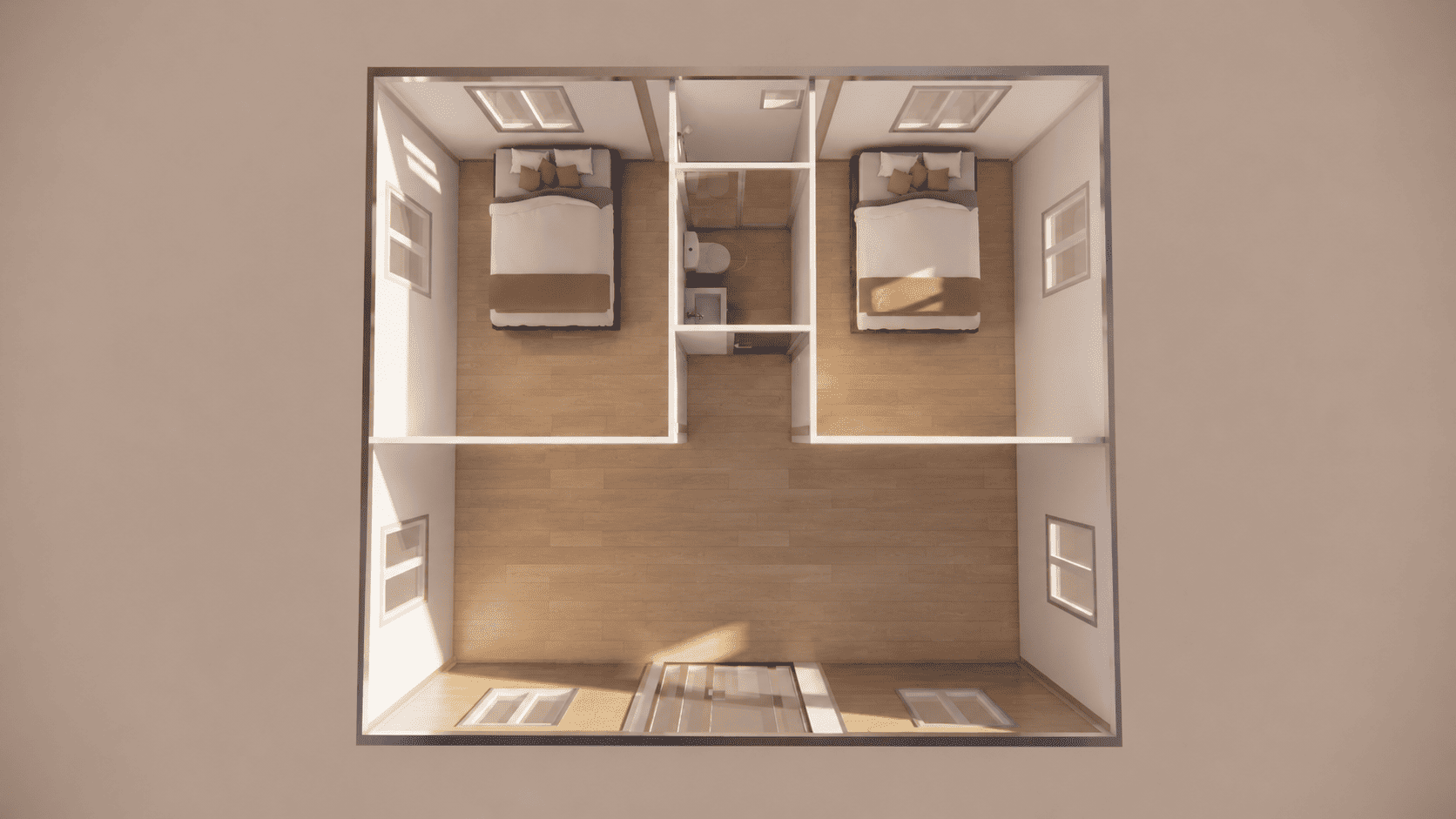 20ft x 20ft Flat Roof Version 2 Bedrooms
1 Bathroom
1 Kitchen