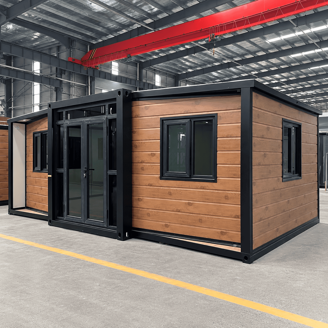 Casa Box 15ft Expandable Container House | Black Frame Wood Grain Prefab